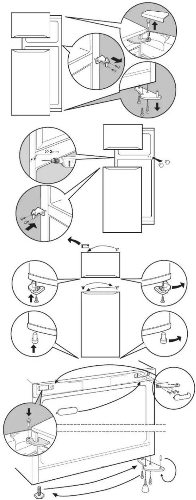 Technical diagram illustrating the installation and assembly of a washing machine, with labeled components and directional arrows.