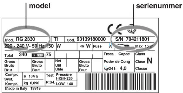 model Mod. RG 2330 TI Cod. 93139180000 S/N 704211801 220 - 240 V-50 Hz 150 W W Fuse A Max 15 w Total 340 75 Gross Bruto Brut Gross Bruto Brut Net Util Utile Gross Bruto Brut Freez. Capac Poder de Cong kg/24 h 4,0 Class N Classe Compr. R 134 a Test Pressure HIGH-235 Syst. P.S.I. LOW 140 Kompr. kg 0,090 Made in Italy 13918