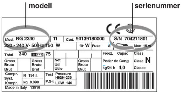 modell serienummer Mod. RG 2330 TI Cod. 93139180000 S/N 704211801 220 - 240 V-50 Hz 150 W W Fuse A Max 15 w Total 340 75 Gross Bruto Brut Gross Bruto Brut Net Util Utile Gross Bruto Brut Freez. Capac Poder de Cong kg/24 h 4,0 Class N Classe Compr. R 134 a Test Pressure Syst. P.S.I. HIGH-235 Kompr. kg 0,090 LOW 140 Made in Italy 13918