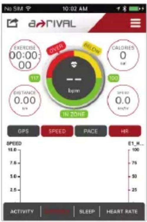 No SIM 10:02 AM a?RIVAL EXERCISE 00:00: 00 OVER BELOW CALORIES 0 cM 117 bpm DISTANCE 0.00 lpm 100 SPEED 0.0 lpm/hr IN ZONE GPS SPEED PACE HR SPEED 11.0 E1_H... 100 75 50 25 ACTIVITY SLEEP HEART RATE