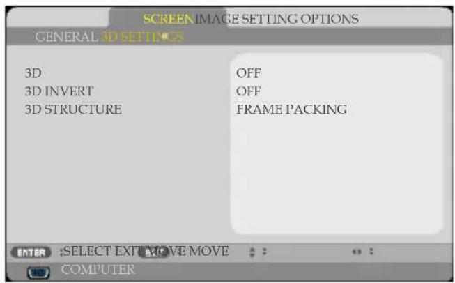 SCREEN IMAGE SETTING OPTIONS GENERAL 3D SETTING 3D OFF 3D INVERT OFF 3D STRUCTURE FRAME PACKING ENTER :SELECT EXT MOVE MOVE COMPUTER