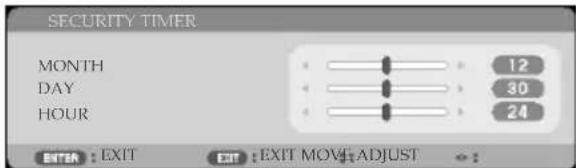 SECURITY TIMER MONTH 12 DAY 30 HOUR 24 ENTER : EXIT EXIT : EXIT MOVE ADJUST