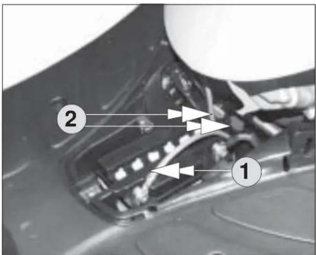 Medical or medical image showing labeled anatomical structures with numbered annotations (1, 2) and directional arrows indicating flow or movement.