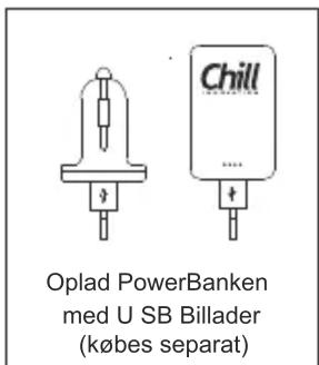 Oplad PowerBanken med U SB Billader (købes separat)