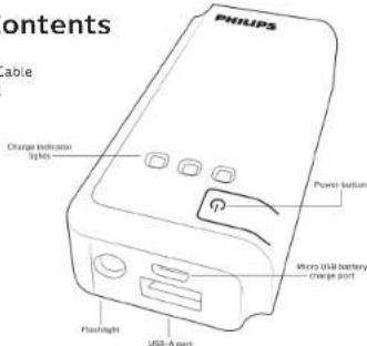 contents able Charge Indicator Light Power button Micro USB battery charge port Flashlight USB-A port