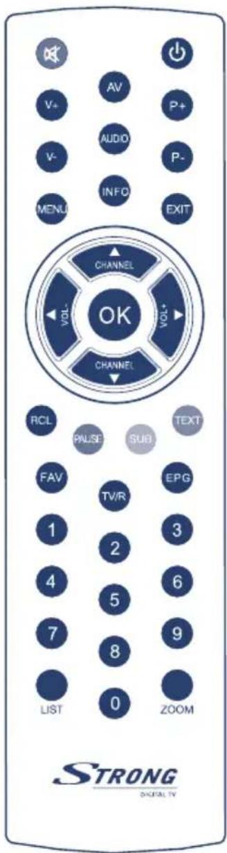 AV V+ AUDIO V- INFO MENU CHANNEL VOL- OK CHANNEL RCL PAUSE SUB TEXT FAV TV/R 1 2 3 4 5 6 7 8 9 LIST 0 ZOOM STRONG DIGITAL TV