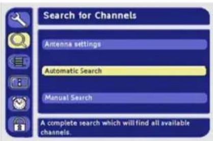 Search for Channels Antenna settings Automatic Search Manual Search A complete search which will find all available channels.