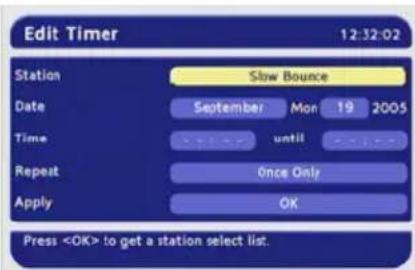 Edit Timer 12:32:02 Station Slow Bounce Date September Mon 19 2005 Time until Repeat Once Only Apply OK Press to get a station select list.