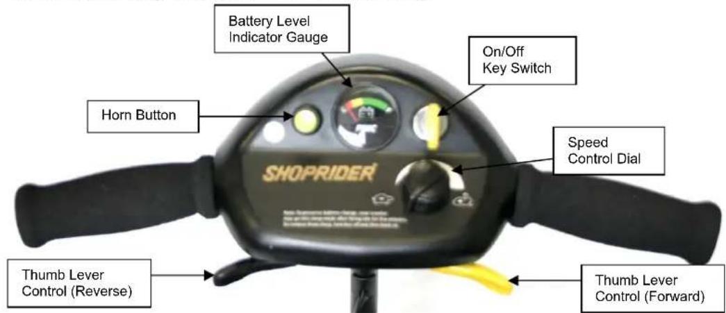 Battery Level Indicator Gauge On/Off Key Switch Horn Button SHOPRIDER Speed Control Dial Thumb Lever Control (Reverse) Thumb Lever Control (Forward)