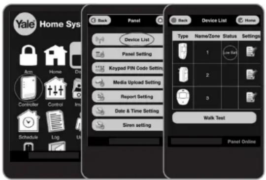 Yale Home Sys Back Panel Device List Panel Setting Keypad PIN Code Setting Media Upload Setting Report Setting Date & Time Setting Siren setting Back Device List Type Name/Zone Status Settings 1 Low Set 2 3 Walk Test Panel Online