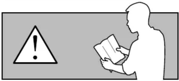 Warning symbol with exclamation mark and person reading, commonly used to indicate caution or hazard