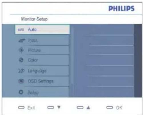 PHILIPS Monitor Setup Auto Input Picture Color Language OSD Settings Setup Exit OK