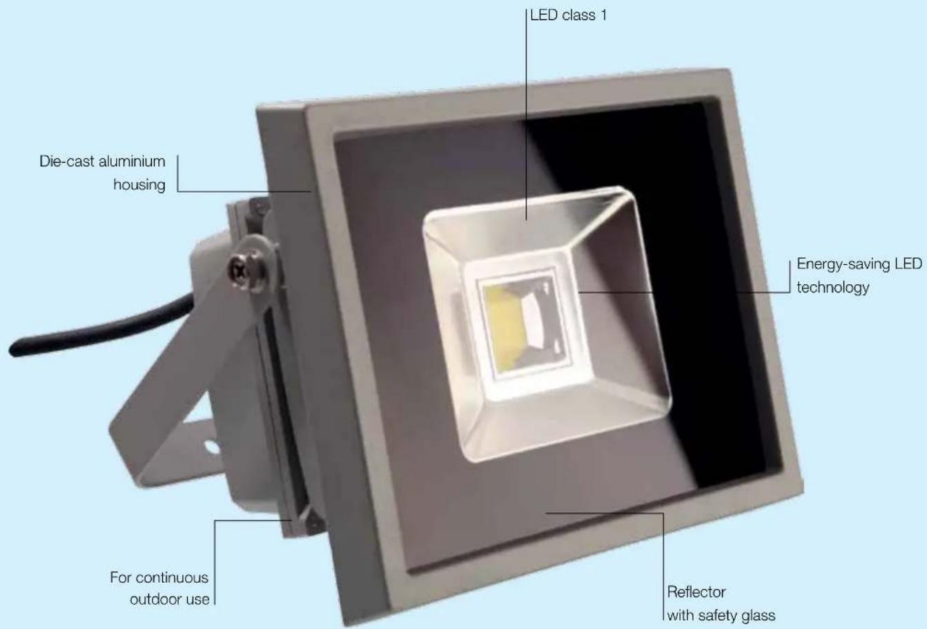 LED class 1 Die-cast aluminium housing Energy-saving LED technology For continuous outdoor use Reflector with safety glass