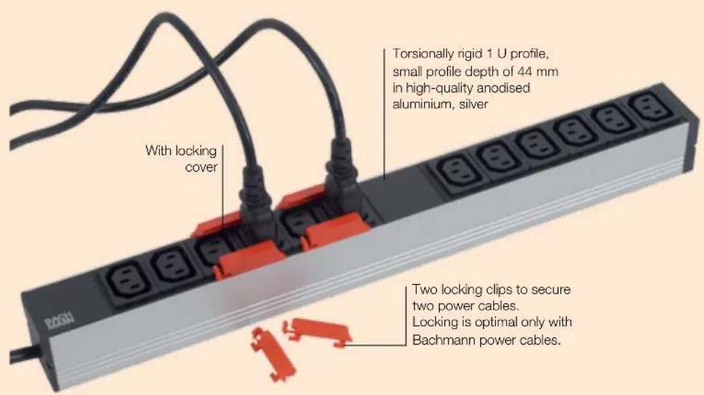 Torsionally rigid 1 U profile, small profile depth of 44 mm in high-quality anodised aluminium, silver With locking cover Two locking clips to secure two power cables. Locking is optimal only with Bachmann power cables.