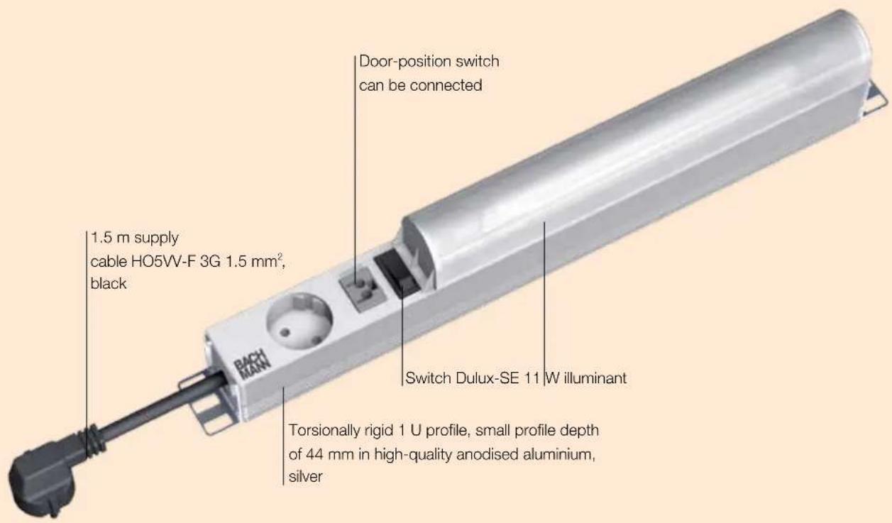 1.5 m supply cable HO5VV-F 3G 1.5 mm², black Door-position switch can be connected Switch Dulux-SE 11 W illuminant Torsionally rigid 1 U profile, small profile depth of 44 mm in high-quality anodised aluminium, silver
