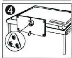 Diagram of a table with labeled parts and an inset showing three circular objects, likely indicating a component or feature.