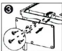 Diagram showing mechanical assembly with labeled components and motion arrows, including a magnified inset of a circular component.