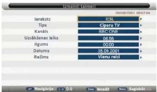 Izmainõ telmeri 05/09/2001 06:57:04 Ieraksts IESL Tips Ciparu TV Kanäls BRC ONE Uzsäkšanas laiks 06:55 Ilgums 00:00 Datums 05.09.2001 Režims Vienu reži Navigacija 1-3 0-9 Cigar levadt Memo Saglabät