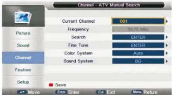Channel - ATV Manual Search Current Channel 001 Frequency 54.75 MHz Search ENTER Fine Tune ENTER Color System Auto Sound System BG Save Move Enter Enter Eat Exit Menu Return Picture Sound Channel Feature Setup