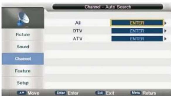 Channel - Auto Search All ENTER DTV ENTER ATV ENTER Sound Channel Feature Setup Move Enter Enter Cut Exit Menu Return