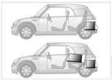 Two grayscale illustrations of a car showing interior compartments and storage compartments (no text or symbols)