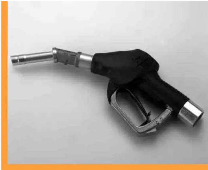 Black and silver fuel pump nozzle with metallic handle and metal shaft (no visible text or symbols)