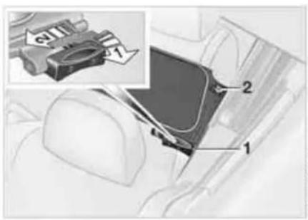 Technical diagram showing a car seatbelt with labeled parts 1, 2, and 3, including an inset image of a device labeled '7'.