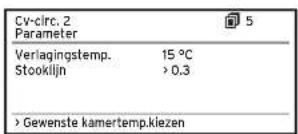 Cy-circ. 2 Parameter Verlagingstemp. 15 °C Stookiljn >0,3 >Gewenste kamertemp.kiezen