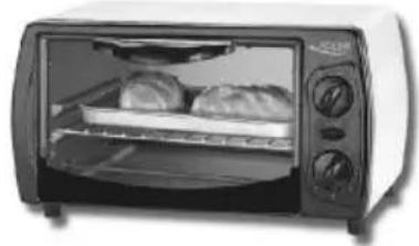 Eksteriør af en moderne brødristerovn med to boller ovenpå (ingen synlig tekst eller symboler)