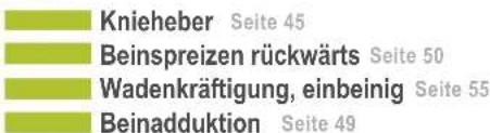 Knieheber Seite 45 Beinspreizen rückwärts Seite 50 Wadenkräftigung, einbeinig Seite 55 Beinadduktion Seite 49