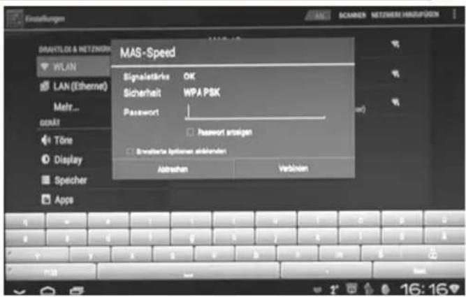 MASCATIEN WLAN LAN (Ethernet) Mehr... Töre Display Speicher Apps MAS-Speed Signaletärke OK Sicherhalt WPA PSK Password Password anlagen Enerweiterte Systemen einbarenen Abstrahen Verlehen 16:16