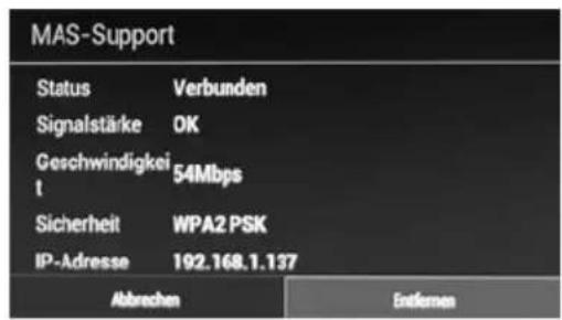 MAS-Support Status Verbunden Signalstärke OK Geschwindigkeit 54Mbps Sicherheit WPA2 PSK IP-Adresse 192.168.1.137 Abbrachen Endkernen
