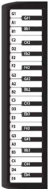 G1 G#1 A1 Bb1 B1 C2 C#2 D2 Eb2 E2 F2 F#2 G2 G#2 A2 Bb2 B2 C3 C#3 D3 Eb3 E3 F3 F#3 G3 G#3 A3 Bb3 B3 C4 C#4 D4 Eb4 E4