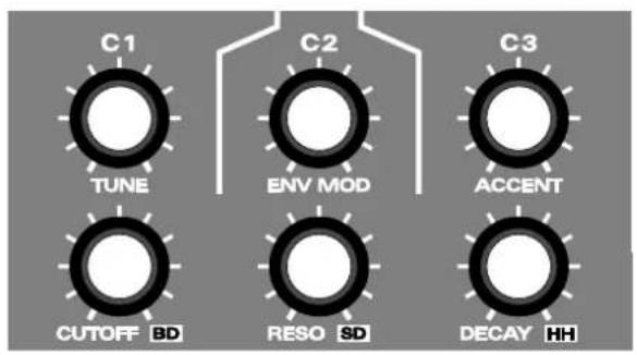 C1 TUNE C2 ENV MOD ACCENT CUTOFF BD RESO SD DECAY HH