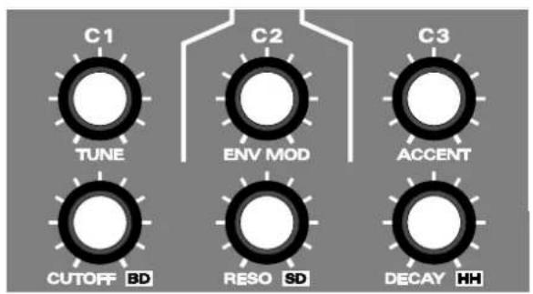 C1 TUNE C2 ENV MOD ACCENT CUTOFF BD RESO SD DECAY HH