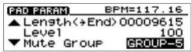 PAD PARAM BPM=117.16 ▲ Length(→End) 00009615 Level 100 ▼ Mute Group GROUP-5