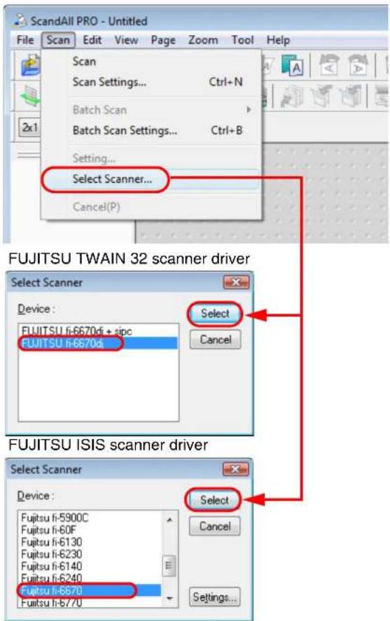 ScandAll PRO - Untitled File Scan Edit View Page Zoom Tool Help Scan Scan Settings... Ctrl+N Batch Scan Batch Scan Settings... Ctrl+B Setting... Select Scanner... Cancel(P) FUJITSU TWAIN 32 scanner driver Select Scanner Device: FUJITSU fi-6670di + sipc FUJITSU fi-6670di Select Cancel FUJITSU ISIS scanner driver Select Scanner Device: Fujitsu fi-5900C Fujitsu fi-60F Fujitsu fi-6130 Fujitsu fi-6230 Fujitsu fi-6140 Fujitsu fi-6240 Fujitsu fi-6670 Fujitsu fi-6770 Select Cancel Settings...