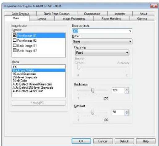 Properties for Fujitsu Fi 6670 on STI - 0001 Color Dropout Blank Page Deletion Compression Inprimer About Menu Layout Image Processing Paper Handling Gamma Image Node Camera: Front Image #1 Front Image #2 Back Image #1 Back Image #2 Mode: PC Blues and White 15-level Grayscale 250-level Grayscale 24 bit Color Auto Detect 15-level Grayscale Auto Detect 250-level Grayscale Auto Detect 24 bit Color Setup PC Date per inch: 0.01 Driver: None Coping: Fixed Primary Speed Accuracy A Z Brightness 128 1 250 Contrast 50 1 100 OK Cancel Default Help