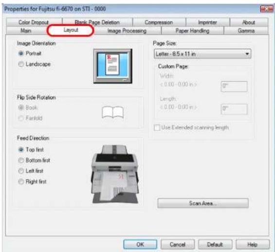 Properties for Fujitsu fi-6670 on STI - 0000 Color Dropout Blank Page Deletion Compression Paper Handling About Main Layout Image Processing Paper Handling Gamma Page Size: Letter: 8.5 x 11 in Custom Page: Width: < 0.00 - 0.00 in > 0" Length: < 0.00 - 0.00 in > 0" Use Extended scanning length Scan Area... Image Orientation • Portrait • Landscape Flip Side Rotation • Book • Farkold Feed Direction • Top first • Bottom first • Left first • Right first