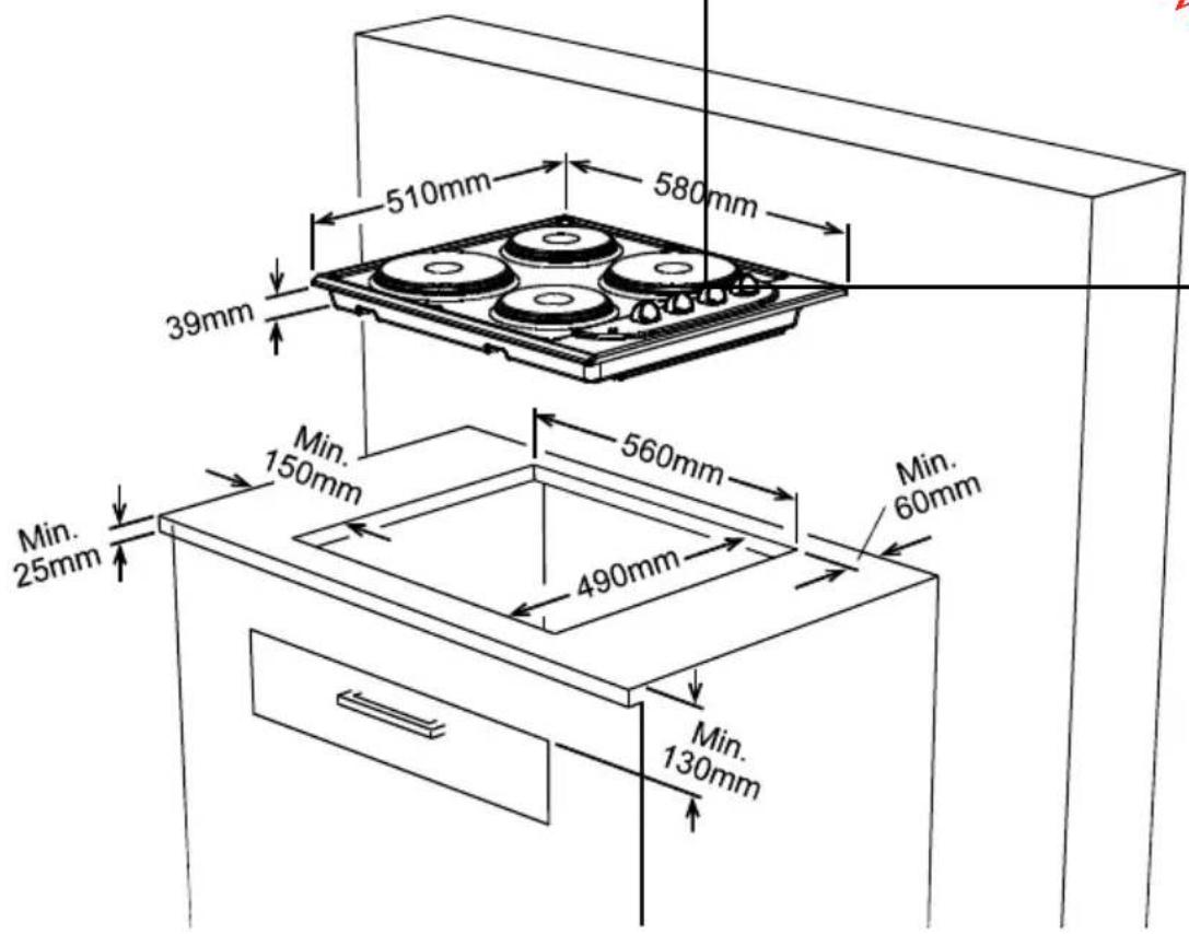 510mm 580mm 39mm 560mm Min. 150mm 490mm Min. 25mm Min. 130mm Min. 60mm