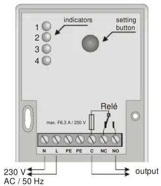 1 2 3 4 indicators setting button max. F6.3 A / 250 V Relé N L PE PE C NC NO 230 V AC / 50 Hz output