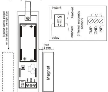 Magnet can be placed on the left or on the right side instant ON 1 2 Disabled enabled (internal magnetic sensor) TMP GND INP delay max 5 mm Magnet