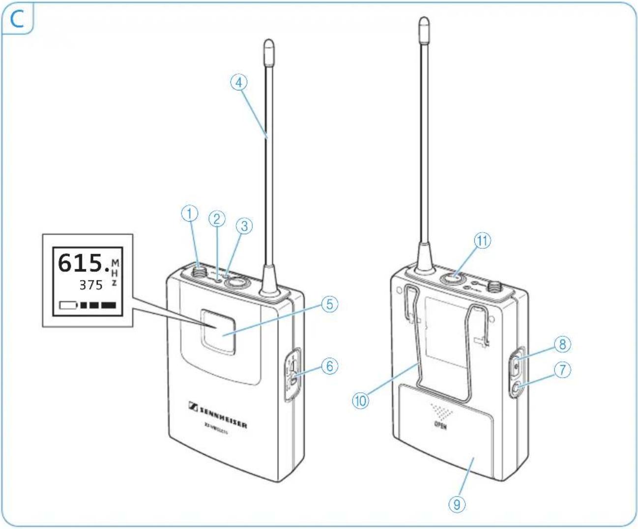 C 615. M 375 Hz 1 2 3 4 5 6 10 11 8 7 OPEN 9 SENNHEISER X7 WIRELLAUS