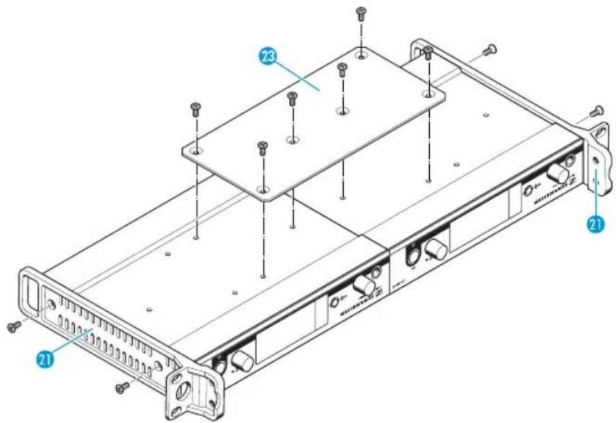 Technical diagram of a server rack with labeled components and mounting points