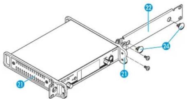 Technical diagram of a server rack with numbered components labeled 21, 21', 22, and 24