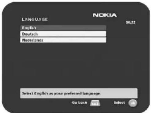 NOKIA LANGUAGE 00:22 English Deutsch Nederlands Select English as your preferred language. Go back Select OK