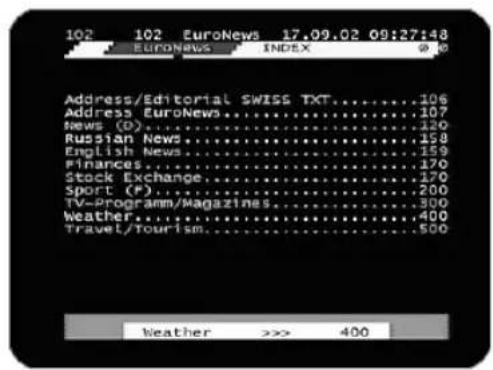 102 102 EuroNews 17.09.02 09:27:48 EuronNews INDEX 68.10 Address/Editorial SWISS TXT....106 Address EuroNews....107 News (D)....120 Russian News....158 English News....159 Finances....170 Stock Exchange....170 Sport (P)....200 TV-Programm/Magazines....500 Weather....400 Travel/Tourism....500 Weather >>> 400