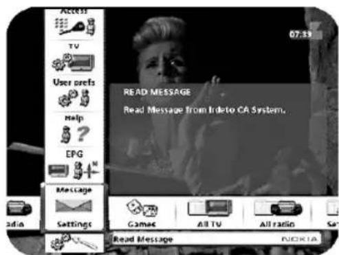 Access TV User prefs Help EPG Message Settings Read Message Read Message from Idaho CA System. Gamac All TV All radio Sa Read Message NOKIA