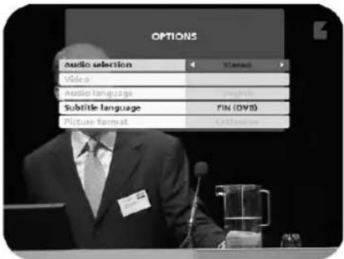 OPTIONS audio selection Video Audio language Subtitle language Picture format STeuers playlist FIN (DVI) Centrosion