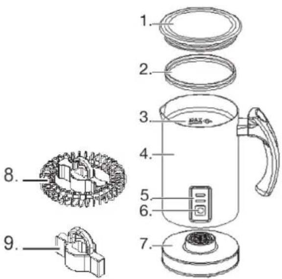 Exploded view diagram of a water heater with numbered parts and internal components labeled 1 through 9.